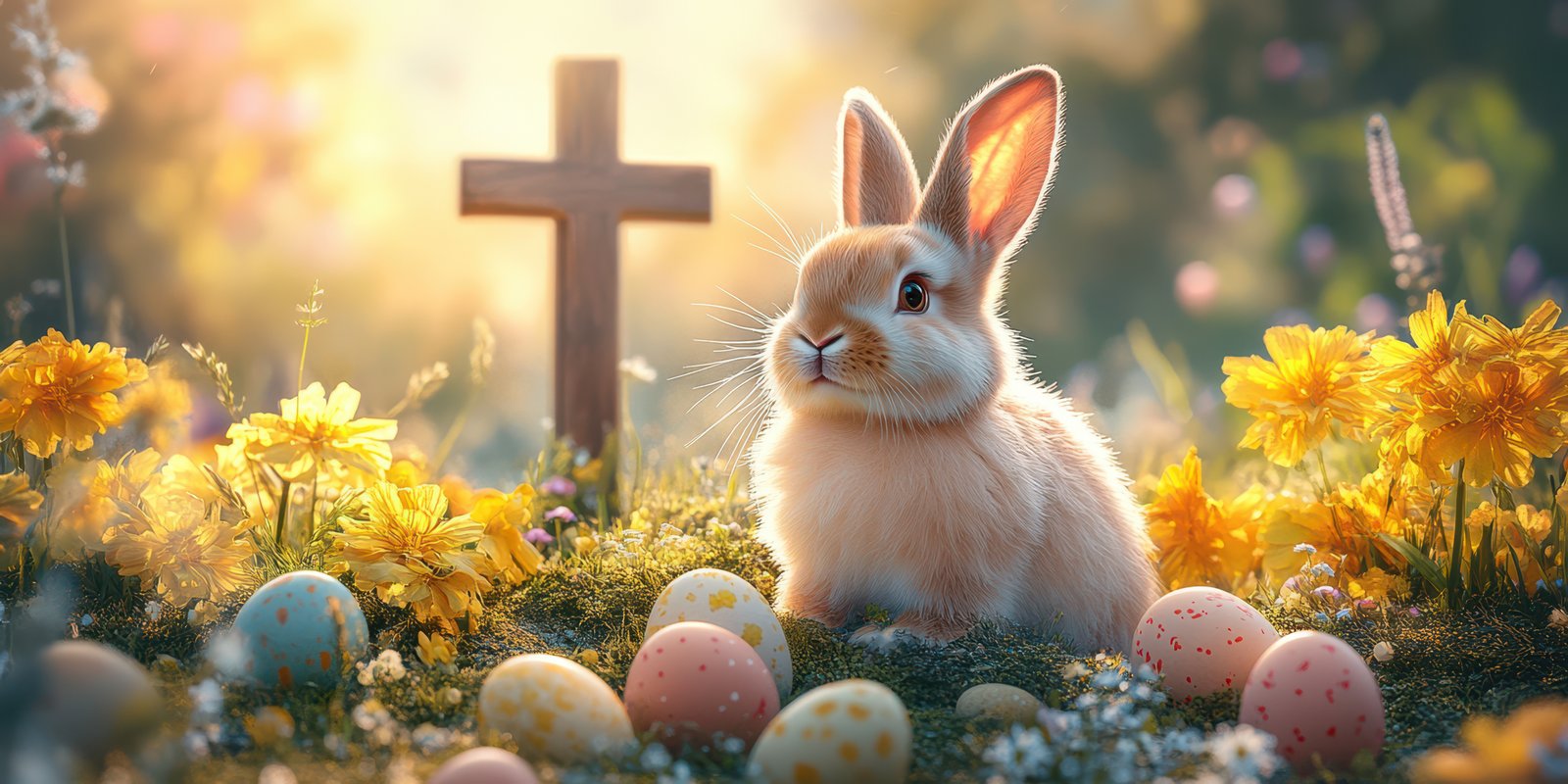 Cute bunny surrounded by colorful eggs and flowers near a cross during a peaceful spring morning